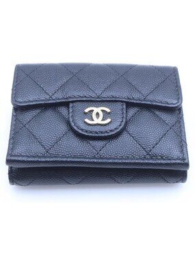 Chanel Quilted CC Logo Caviar Leather Compact Wallet Trifold Black
